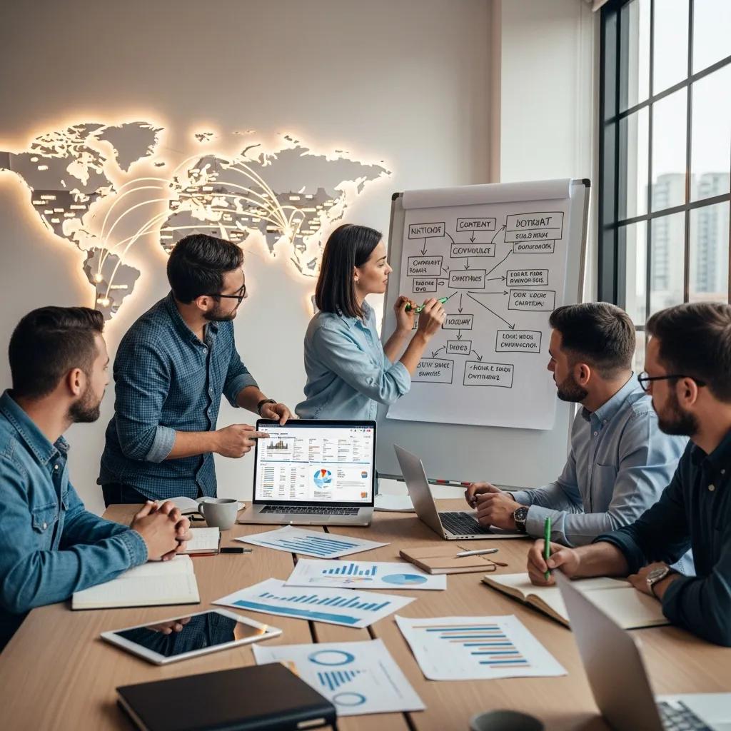 Diverse professionals collaborating on national SEO strategies with laptops and a world map